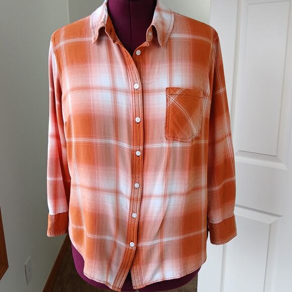 Ava & Viv Plaid Button Up Blouse 2X upcycle repaired orange long sleeve rayon - Picture 6 of 16